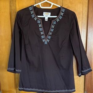 Talbots Brown Tunic with Blue Embroidery